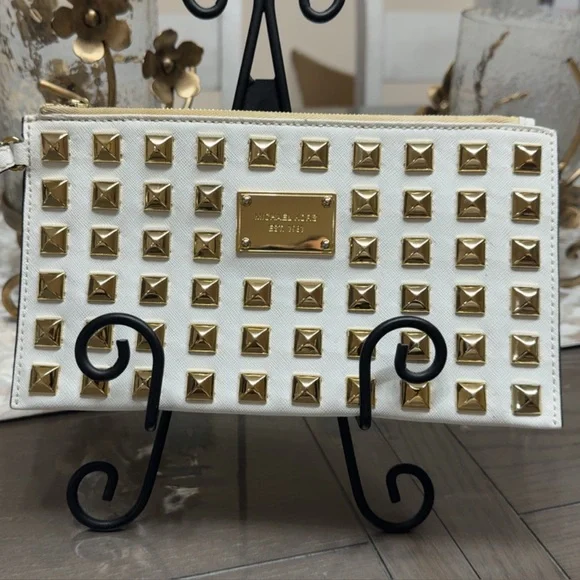 Michael Kors White and Gold Studded Large Clutch Wristlet Wallet AUTHENTIC - Picture 7 of 8